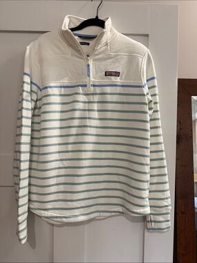 Vineyard Vines NWOT Women’s Cream Half-Zip Sweater with Blue-Green Stripes